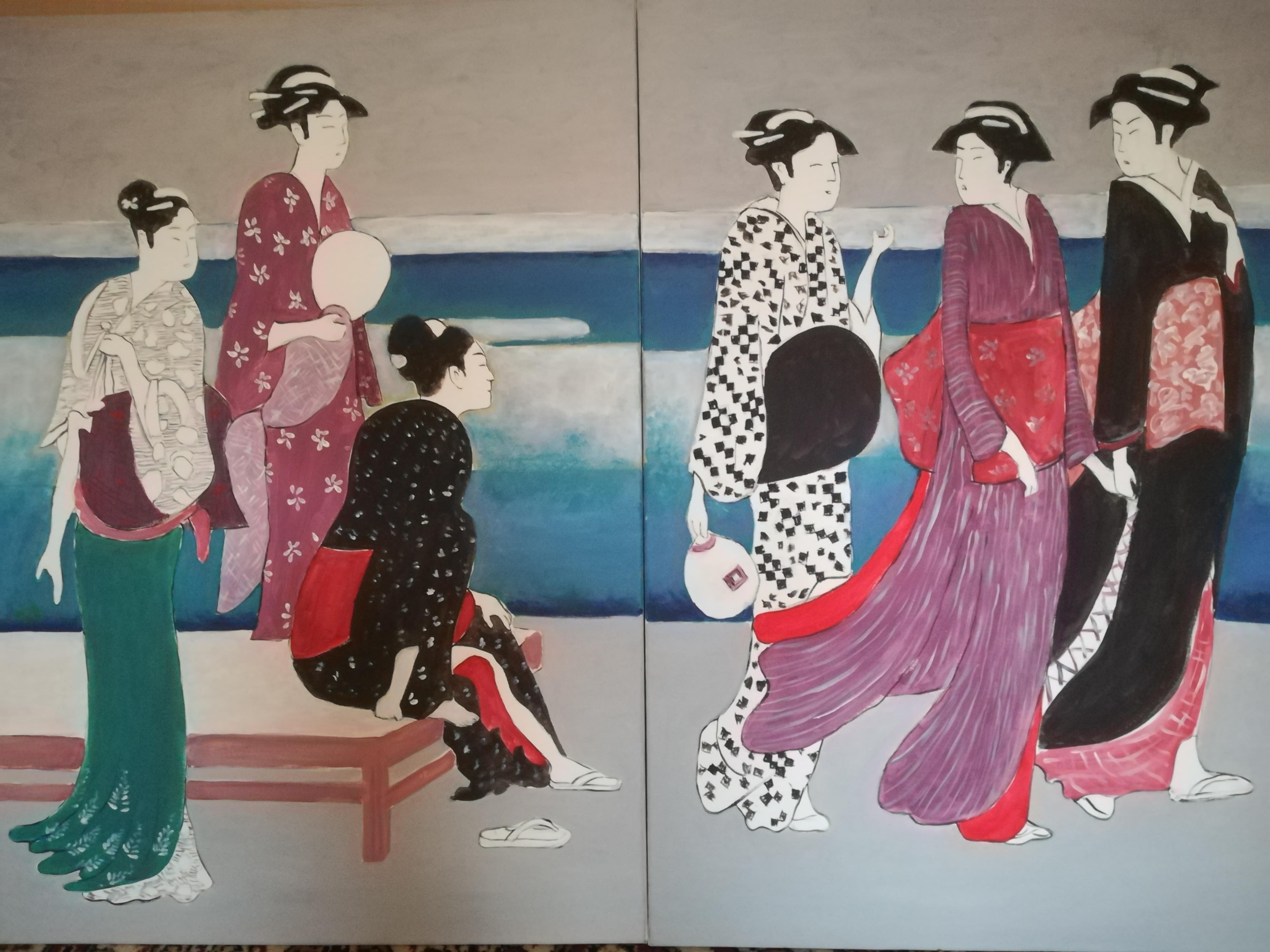 гравюра-диптих Тории Киёнаги «Красавицы, гуляющие вдоль берега реки» превращается в триптих «Приезд Ван Гога в Японию. С друзьями».