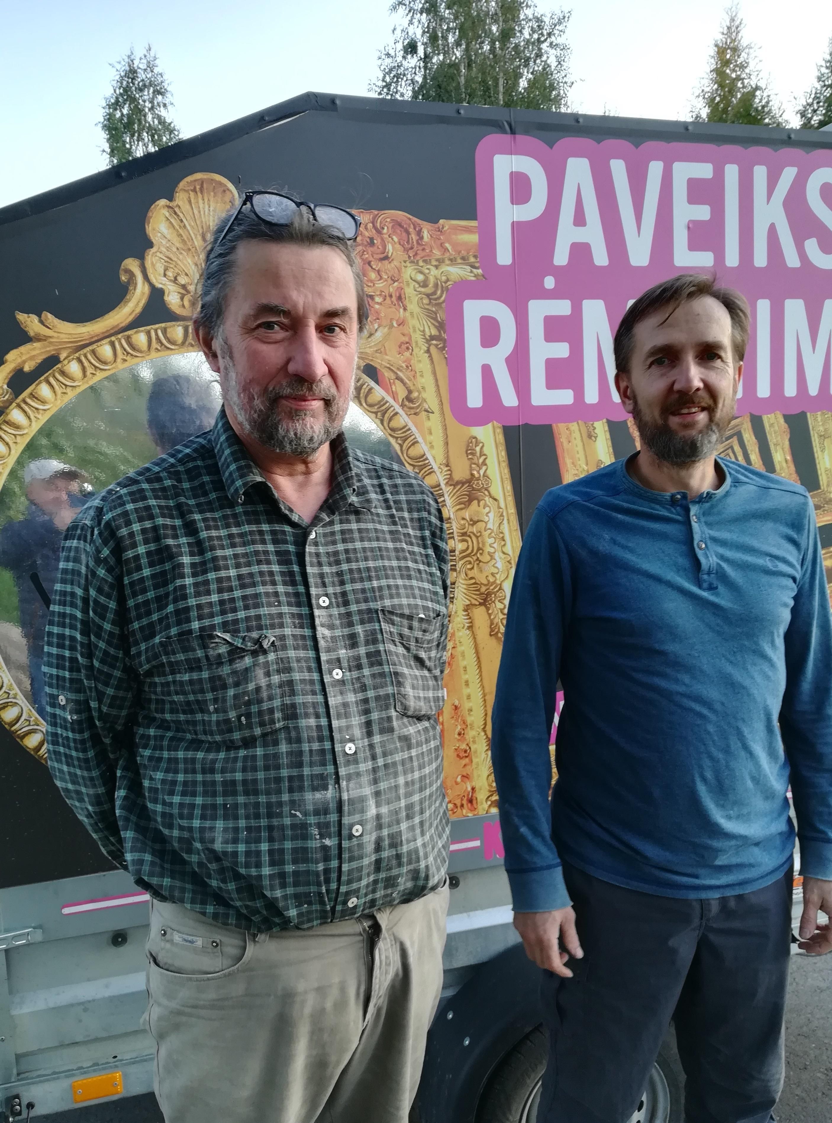 Master Eugenius Kubilius and Nodarius Turchinavicius (owner of the van) on the background of the van on which the Cervantes set off on his first journey