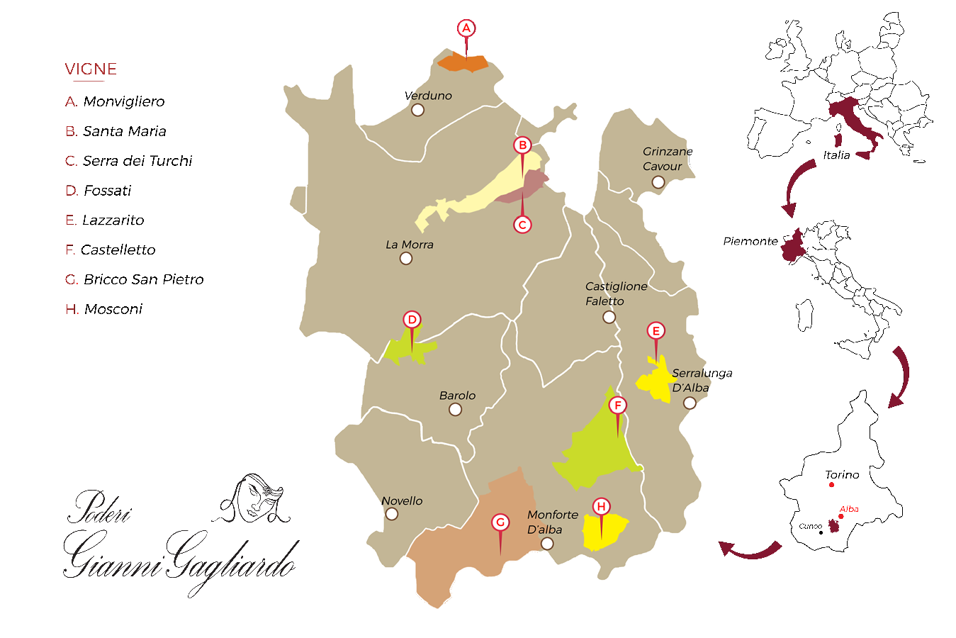 Виноградники (карта) Gianni-Gagliardo в винном регионе Бароло
