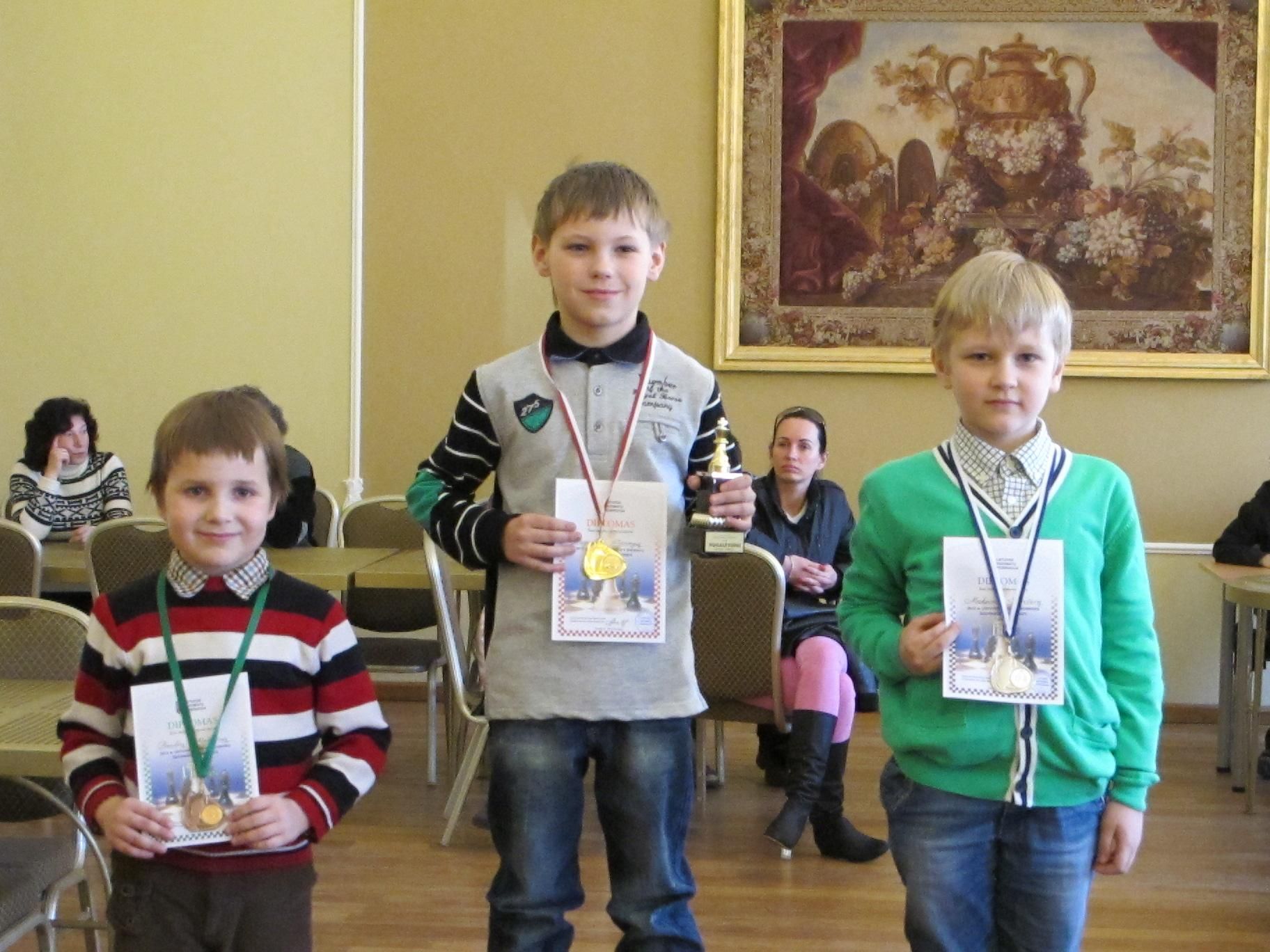 Призёры до 8 лет. Слева направо:  3-е место Паулюс Мешкенас (Плунге), 1-е место Аугустас Гуцага (Каунас), 2-е место Максим Савичев (Клайпеда). Фото Жанны Шибаевой.