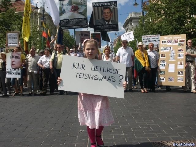 Малышка с плакатом впереди 3-х тысячной колонны взрослых стала символом акции протеста. На плакате написано: «Где в Литве правосудие?» Фото: Регнум