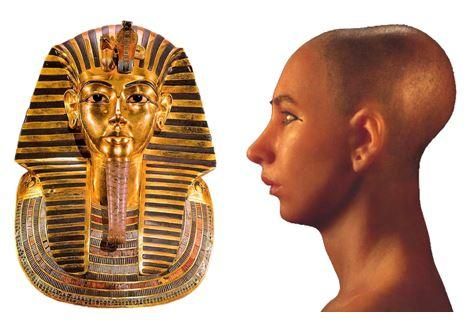 Золотая маска на саркофаге Тутанхамона. Реконструкция внешности Тутанхамона (около 1344-1323 до н. э.).