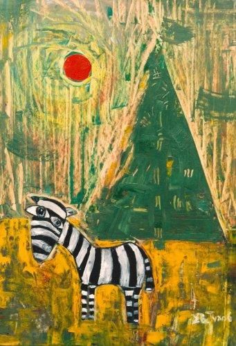 "Солнце, зебра и кипарис";1997,картон, масло,100/70