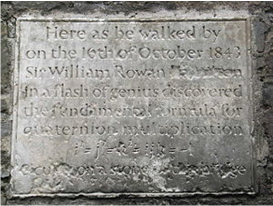 <i>Памятная табличка на мосту Брум Бридж в Дублине: «Здесь на прогулке, 16 октября 1843 года, сэр Уильям Роуэн Гамильтон, во вспышке гения, открыл формулу умножения кватернионов»</i>