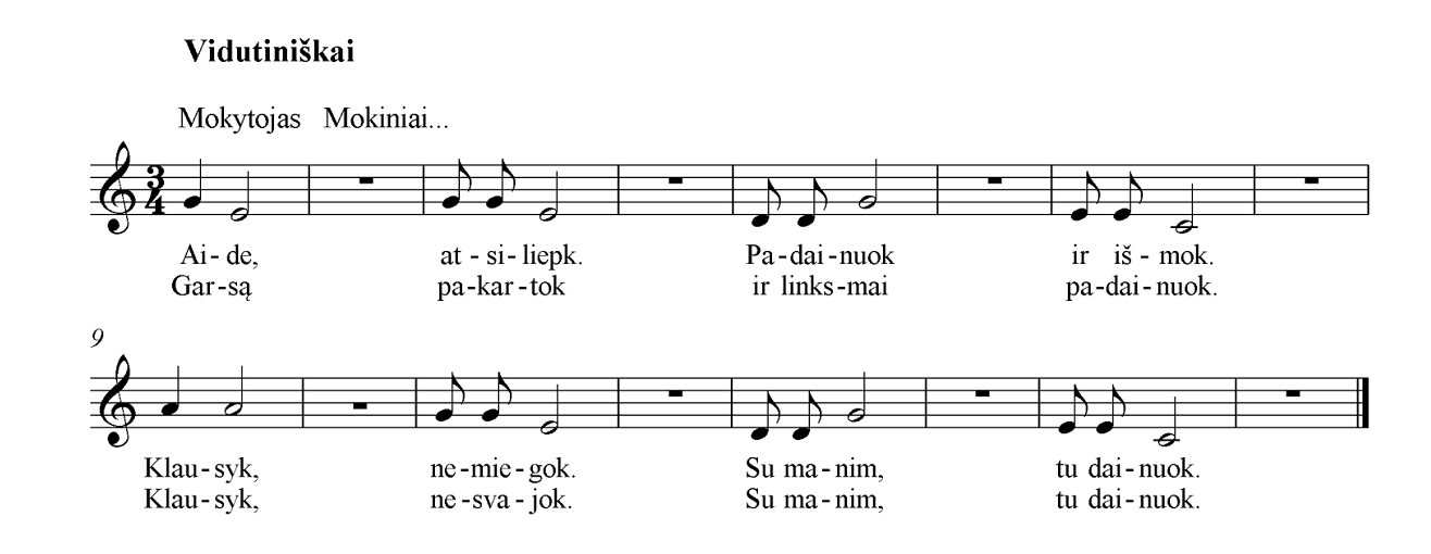 Ноты из Miros Jakubovskajos Muzikos vadovėlio I klasei rusų kalba (Vilnius: Kronta, 1999, p. 100).
