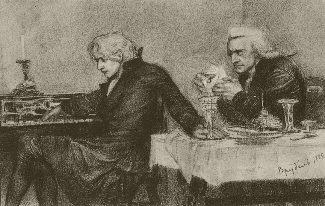 Сальери всыпает яд в бокал Моцарта. Рисунок Михаила Врубеля. 1884 год