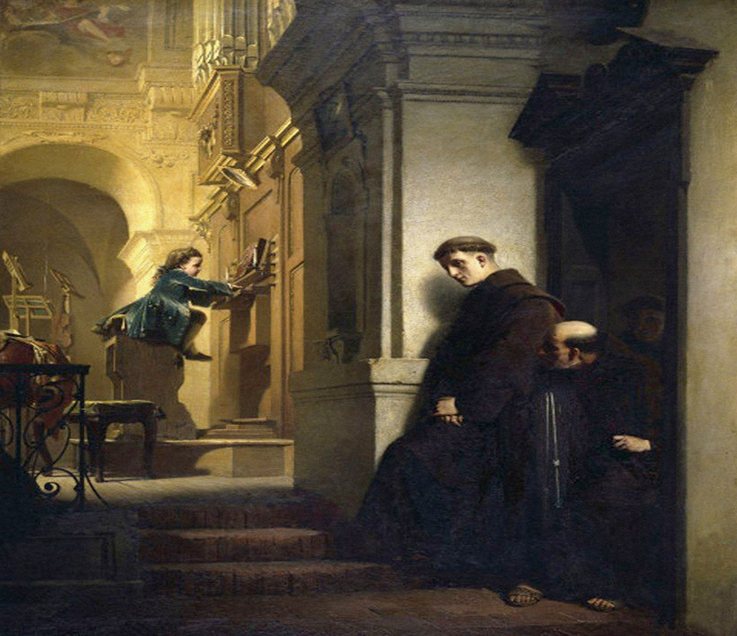 Юный Моцарт играет на органе в церкви францисканцев в Вене в 1762 году. Картина Генриха Лоссова. 1864 год