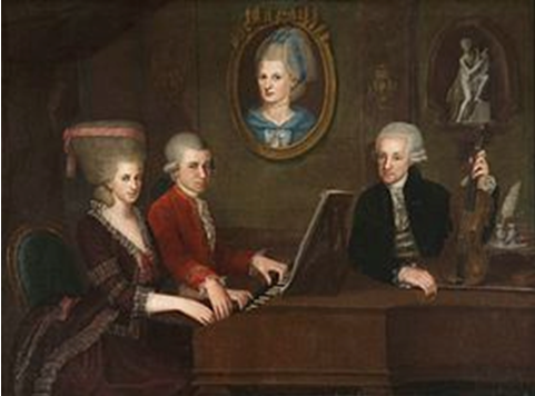Семья Моцартов. На стене — портрет матери. Художник Иоганн Непомук де ла Кроче, ок. 1780 г.
