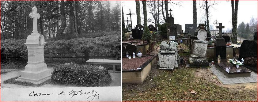 Памятник Ольге Александровне Стеблин-Каменской в 1903 году и в 2020 году на кладбище в Биютишках (Молетский р-он, Дубингяйское самоуправление).