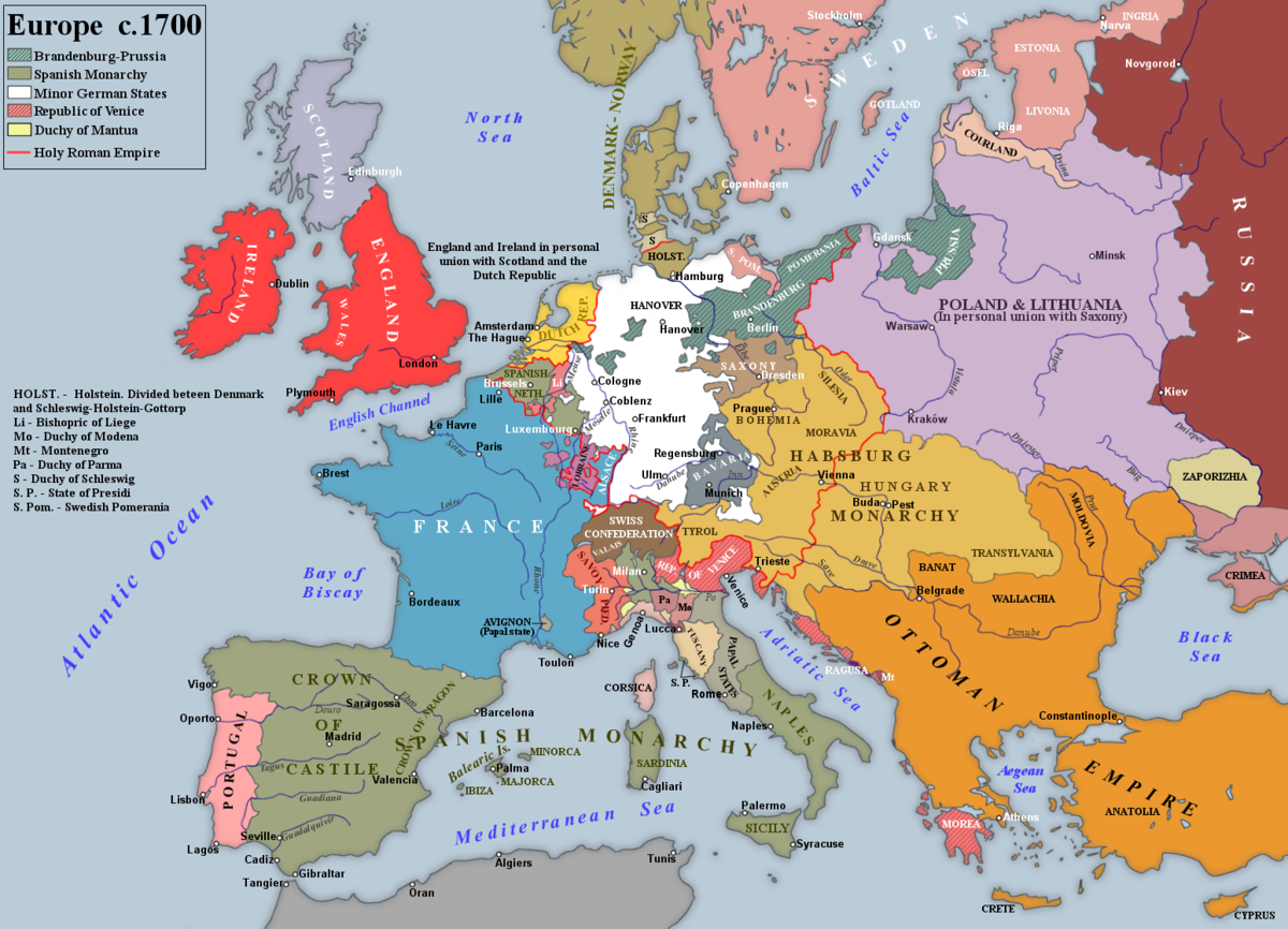 Карта Европы. 1700 год