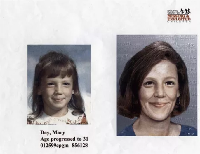 © National Center for Missing and Exploited Children Мэри Дэй в детстве и реконструкция ее возможного облика в 31-летнем возрасте, созданная по заказу полиции во время поисков