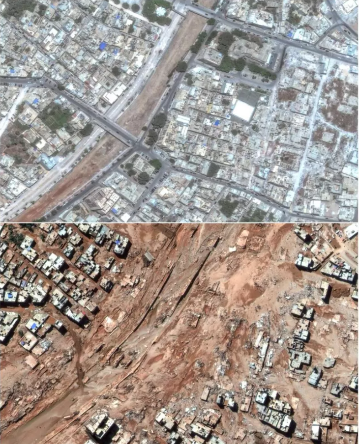 Фотографии Дерны со спутника до и после наводнения. Фото: MAXAR TECHNOLOGIES VIA REUTERS