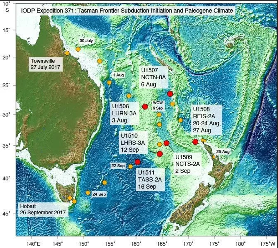 © International Ocean Discovery Program, JOIDES Resolution Science Operator.   Карта исследования Зеландии во время морской экспедиции