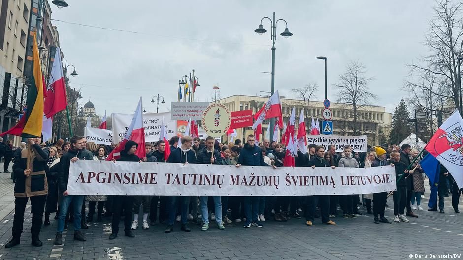 Протестующие поляки в Вильнюсе с плакатами в поддержку образования на польском языкеФото: Daria Bernstein/DW