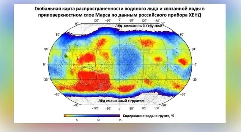 Карта распределения водяного льда в марсианском грунте, по данным российского спутникового прибора ХЕНД. Фото © iki.cosmos.ru