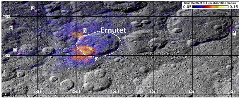 Признаки органических соединений в кратере Эрнутет на Церере (обозначены в искусственных цветах). Фото © iaa.csic.es