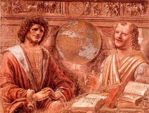 Плачущий Гераклит и смеющийся Демокрит. Итальянская фреска 1477