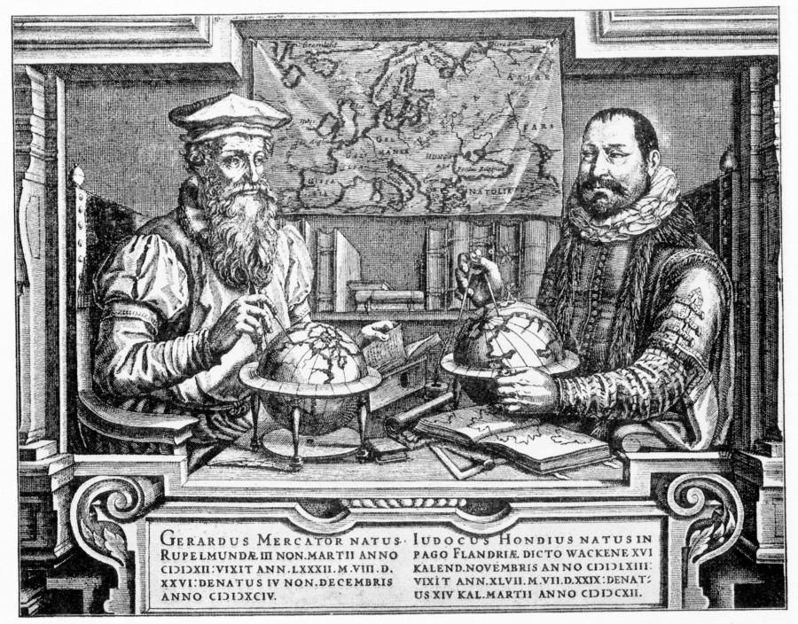 Меркатор, картограф  XVI века, сидит рядом с другим известным картографом, но уже XVII века - Юдокусом Хондиусом