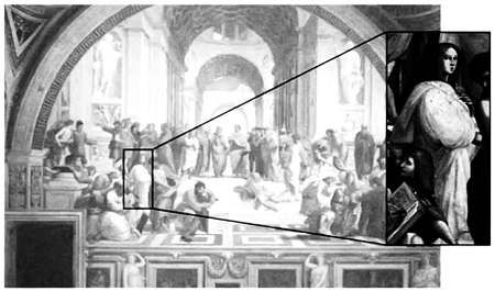 «Афинская школа» Рафаэля. Рядом приведено увеличенное изображение Гипатии Александрийской, какой ее изобразил этот художник Возрождения.