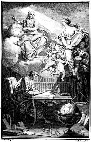 Вольтер за работой над книгой «Основы философии Ньютона в доступном для всех изложении» (1738), в действительности принадлежавшей перу Вольтера и маркизы. Книгу с небес освещает сверхъестественный свет (кто знает, возможно, светилом был сам Ньютон), отражающийся в зеркале, которое держит в руках нимфа — Эмили дю Шатле. Вольтер называл её «мадам Помпон Ньютон дю Шатле» за её любовь к Ньютону и пышным нарядам.