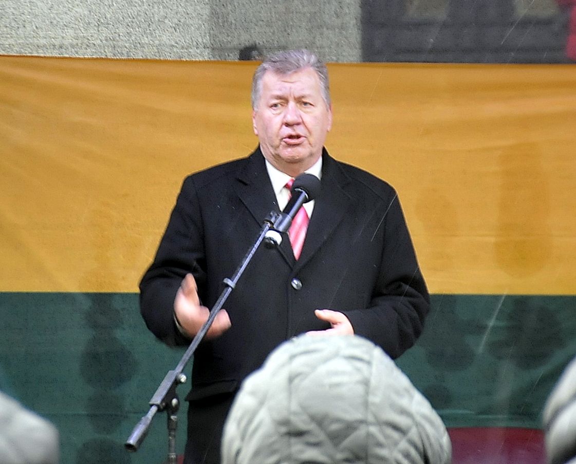 Валдас Туткус выступает на митинге у здания Сейма Литвы, участники которого протестовали против новой модели налога на недвижимость.