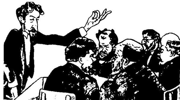 Карикатура 1913 г. Защита С.В. Лебедевым магистерской диссертации