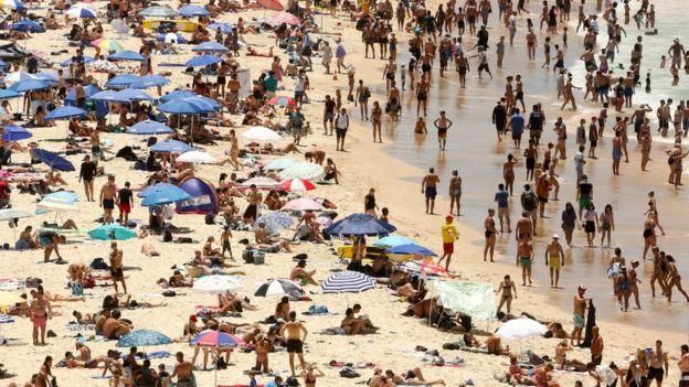 REUTERS Image caption Жители Сиднея ринулись на пляж, спасаясь от небывалой жары