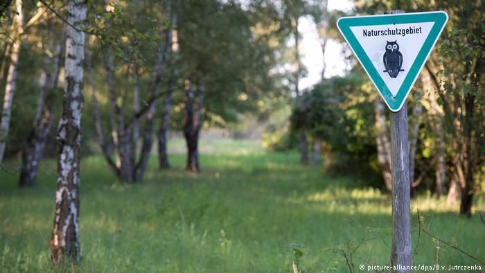 "Naturschutzgebiet" - такими знаками в Германии обозначают природоохранные территории. Есть несколько вариантов для разных земель - зеленые треугольники и желтые пятиугольники с совой или орланом-белохвостом