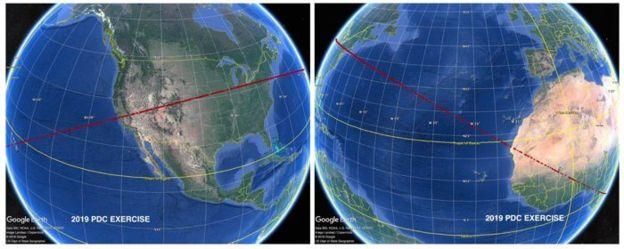 CNEOS Image caption Так выглядит "карта учений": по легенде астероид должен ударить в одну из точек, расположенных на красной линии