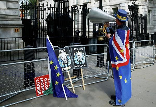 © REUTERS / Henry Nicholls Противники Brexit у резиденции премьер-министра Великобритании на Даунинг-стрит. 7 мая 2019