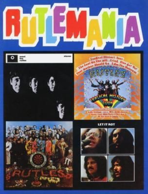 Обложка выпущенного в 1978 года рекламного буклета "Ратлмания" с обложками пародийных альбомов группы: Meet The Rutles, Tragical History Tour, The Rutles Darts Club Band и Let It Rot