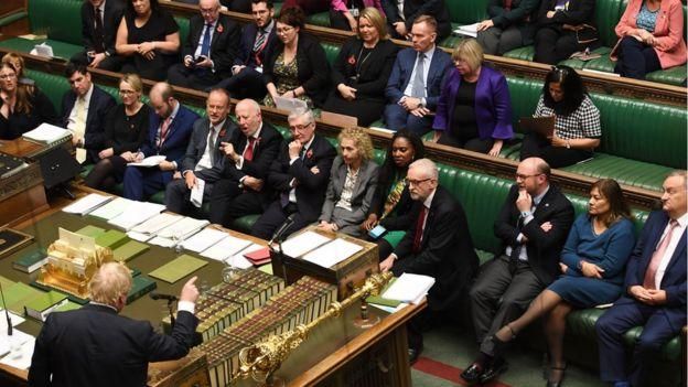 UK PARLIAMENT Image caption Джонсон атакует оппозицию на противоположной скамье в палате общин
