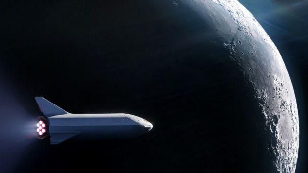 SPACEX Image caption Вот так корабль Илона Маска провезет космических туристов вокруг Луны (это не фотография, а рисунок художника).