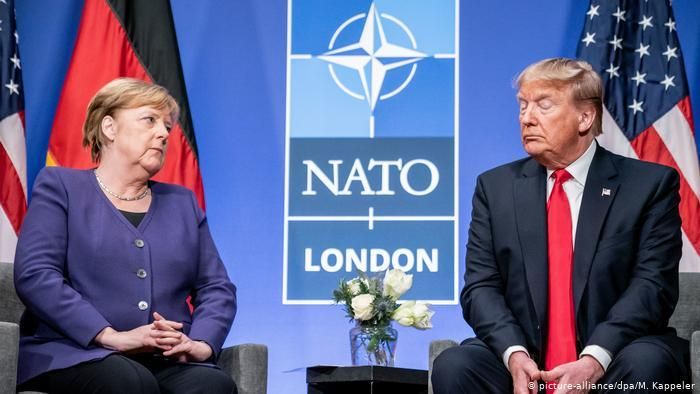 Ангела Меркель и Дональд Трамп на саммите НАТО в 2019 году