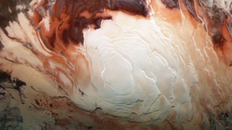 ESA/DLR/FU BERLIN / BILL DUNFORD Подпись к фото, Значительные запасы жидкой воды были обнаружены под шапкой Южного полюса Марса