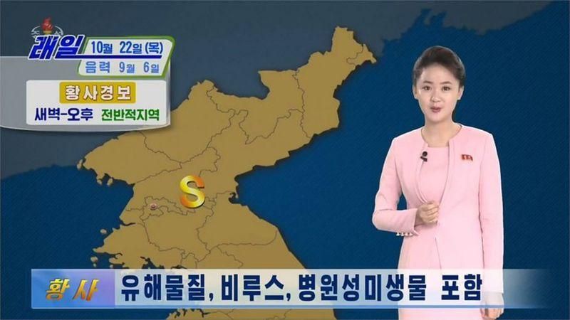 Северокорейское телевидение предупредило зрителей, что желтая пыль содержит токсичные материалы, вирусы и патогенные микроорганизмы