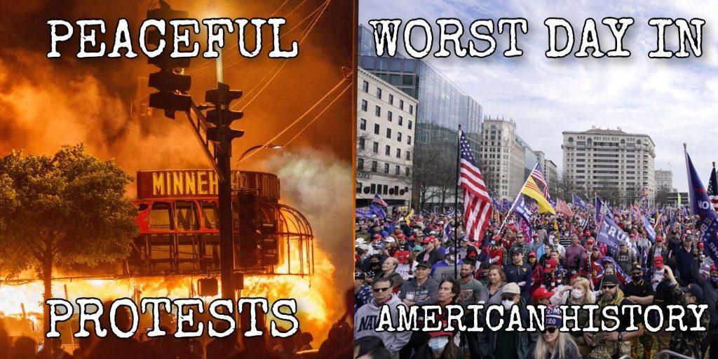 Слева: "Мирные протесты" в Миннеаполисе летом Справа: "Худший день в истории Америки" в Вашингтоне 6 января 2021