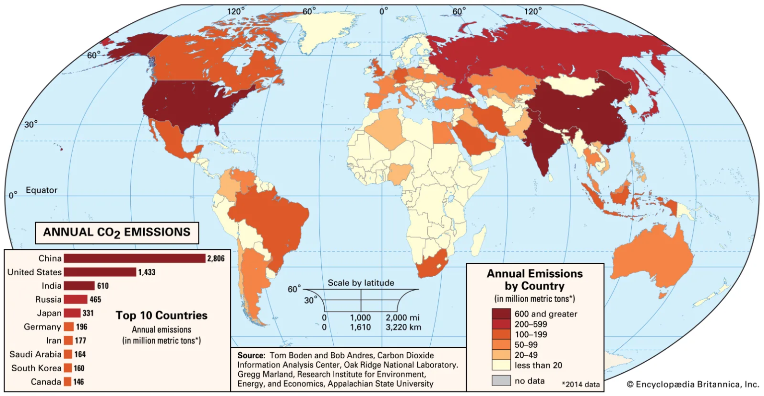 Карта выброса CO2 в атмосферу