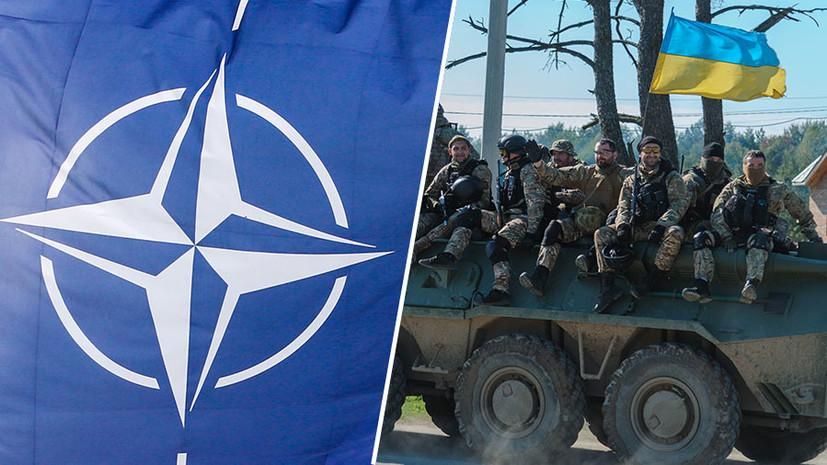 Флаг НАТО / Украинские военные во время учений с участием стран Североатлантического альянса Gettyimages.ru © Mykola Tys / SOPA Images / LightRocket