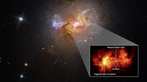 © NASA / ESA, Zachary Schutte (XGI), Amy Reines (XGI); Image Processing: Alyssa Pagan (STScI) Центральная область карликовой галактики Henize 2-10 с черной дырой и вспышкой звездообразования