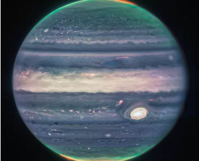 NASA/ESA/CSA/JUPITER ERS TEAM/JUDY SCHMIDT Подпись к фото, Телескоп "Джеймс Уэбб" сделал несколько снимков Юпитера в июле этого года, и из них составили одно общее изображение