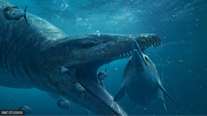 BBC STUDIOS Подпись к фото, Реконструкция: Плиозавр обладал достаточной силой и развивал достаточную скорость для того, чтобы охотиться на других крупных морских рептилий