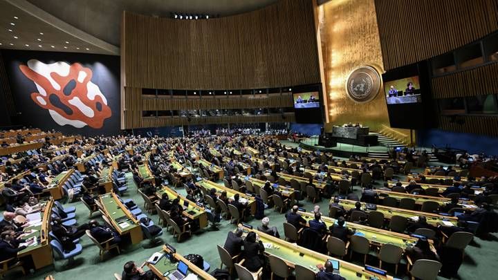 Генассамблея ООН) подавляющим большинством голосов приняла проект резолюции с требованием немедленного гуманитарного прекращения огня в секторе Газа 12 декабря 2023 года в Нью-Йорке, США / Фото: АА