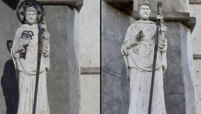 Статуя апостола Петра: до удара молнии (слева) и после (справа). Фото: twitter.com/LepantoInst